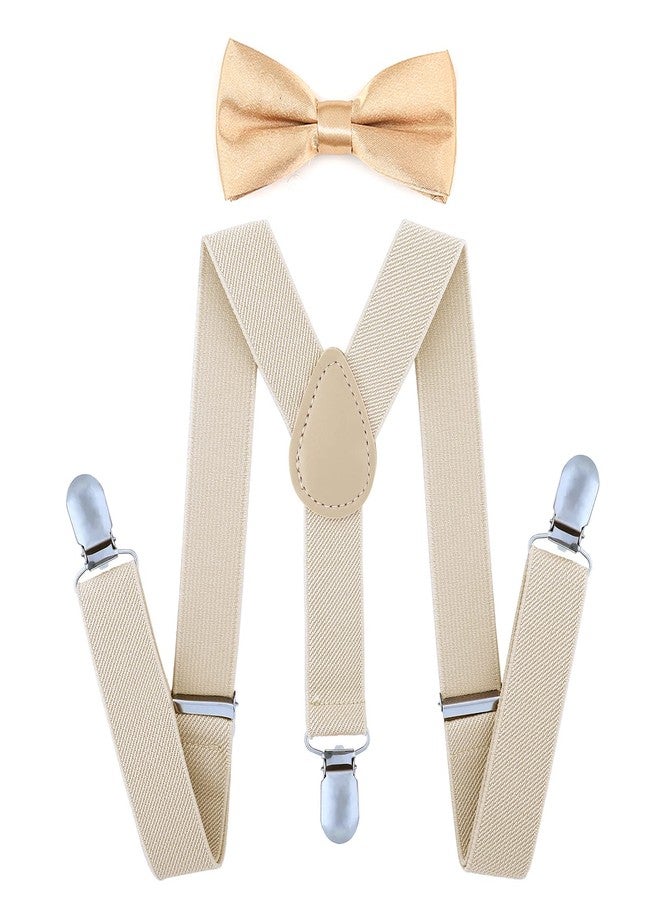 AWAYTR Child Kids Suspenders Bowtie Set - Adjustable Suspender Set for Boys and Girls (Beige, 25Inches (3 Years to 6 Years)) - Image 1